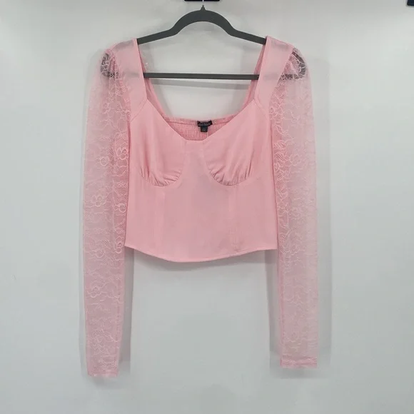 Wild Fable Pink Cropped Long Sleeve Lace Top Size Small - Picture 2 of 10